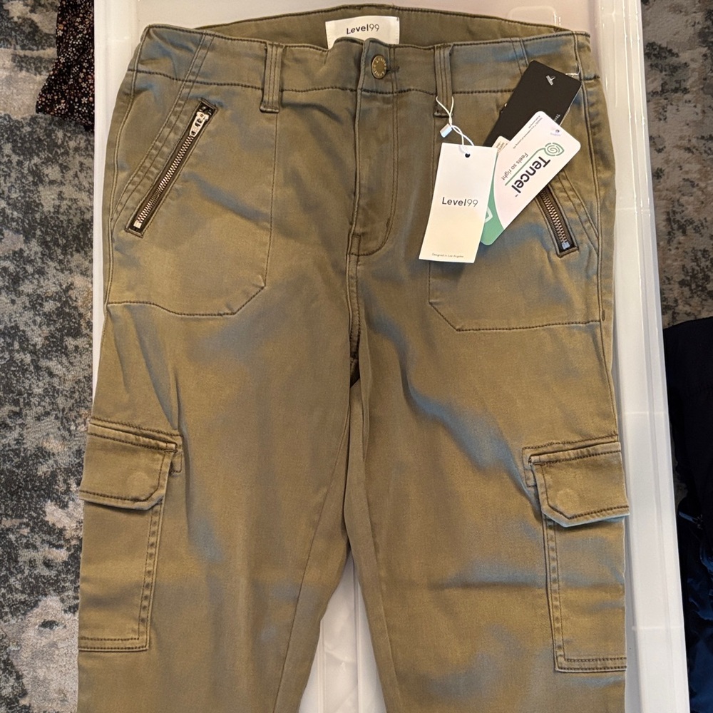 Level 99 Olive Skinny Cargo Pants with Zipper Details